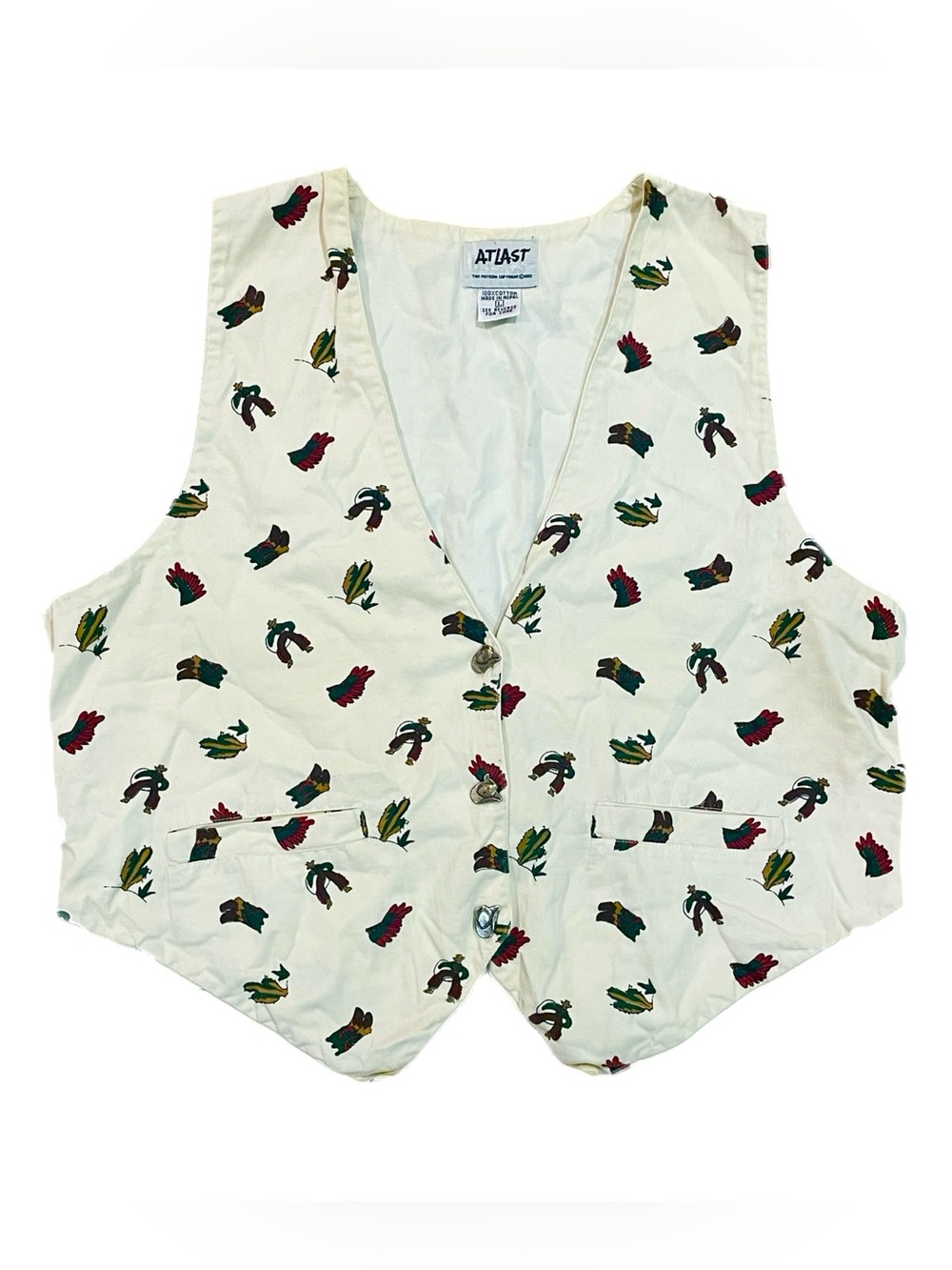 Vintage 90s At Last & Co. Western Cowboy Cactus Motif Vest Cowboy Hat Buttons L